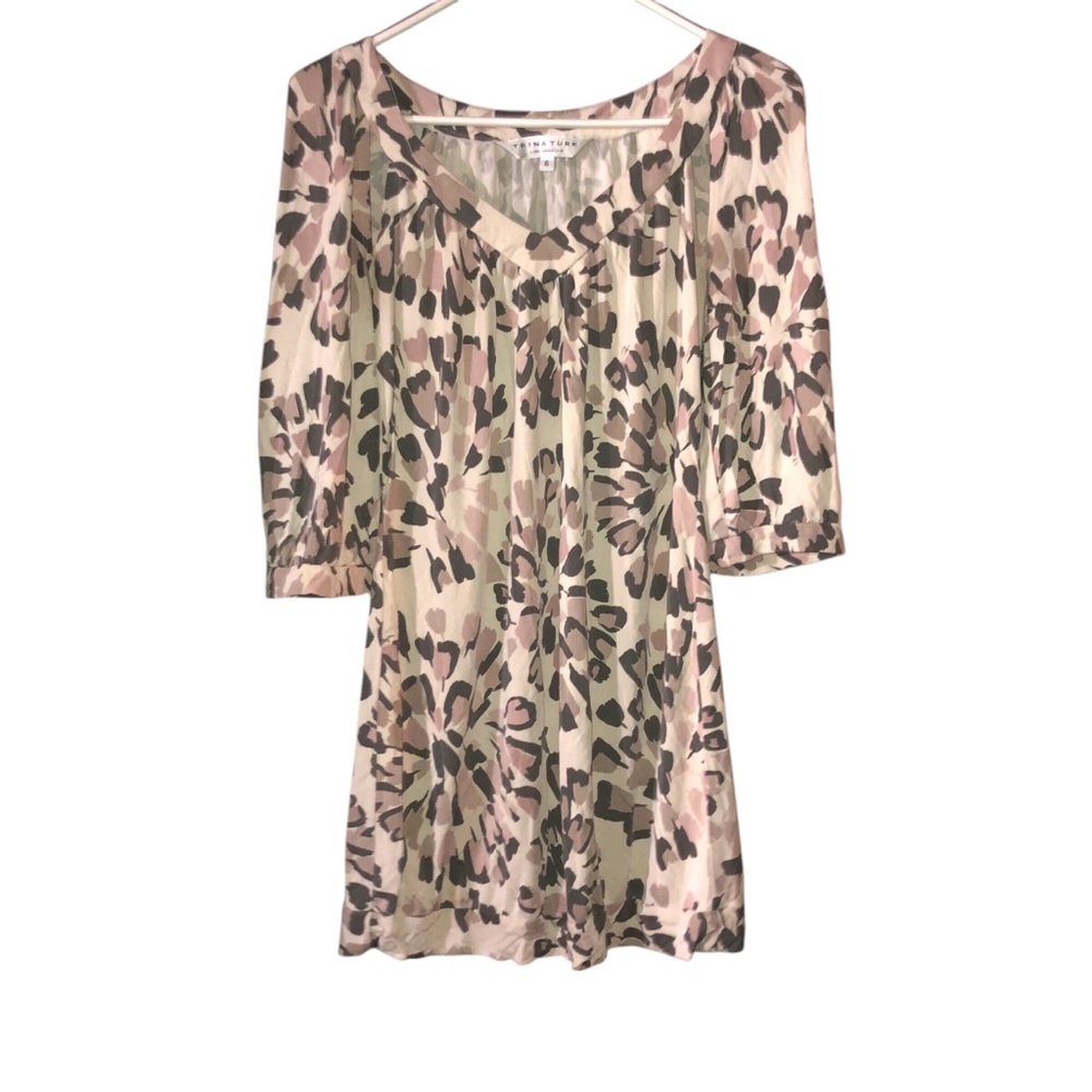 Vintage Trina Turk 100% Silk Dandelion Print Mini Dress Size 6 Shift Dress
